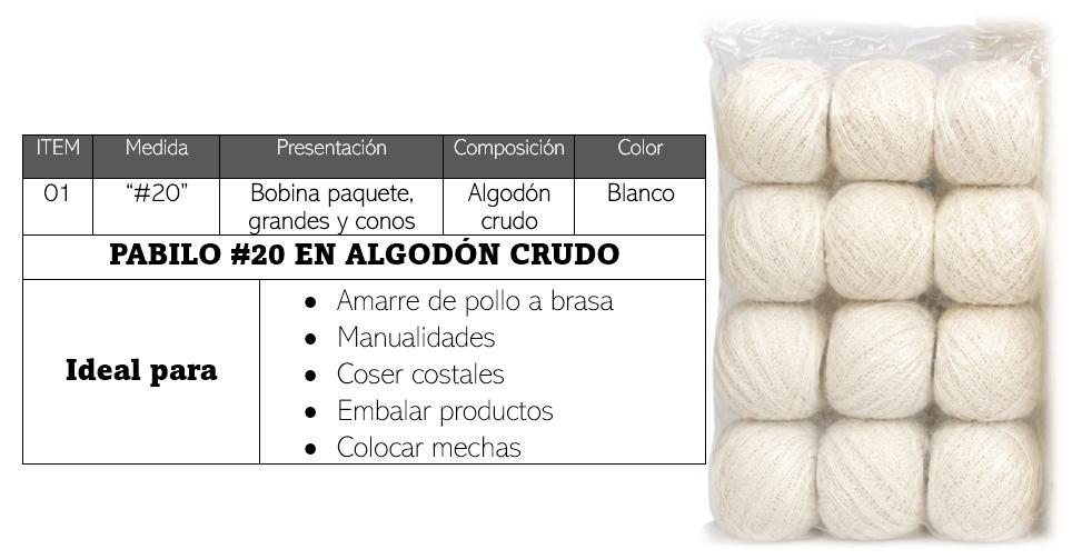 Pabilo #20 en algodón crudo